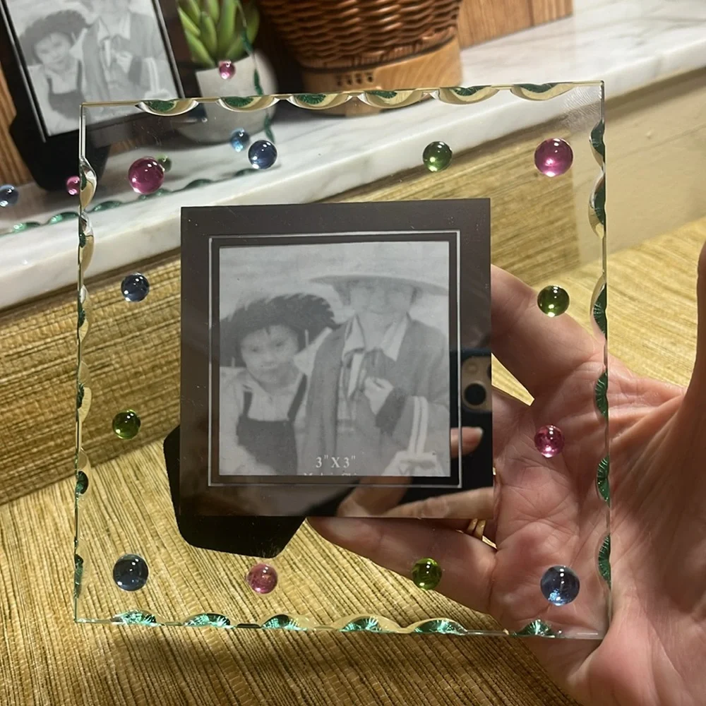 Decorative Glass Photo Frame with Multicolor Accents Beveled Edges holds a 3x3